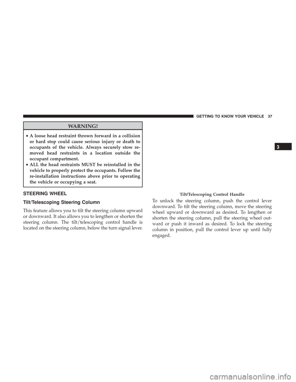 Ram ProMaster City 2019 Owners Manual WARNING!
•A loose head restraint thrown forward in a collision
or hard stop could cause serious injury or death to
occupants of the vehicle. Always securely stow re-
moved head restraints in a locat Ram ProMaster City 2019 Owners Manual WARNING!
•A loose head restraint thrown forward in a collision
or hard stop could cause serious injury or death to
occupants of the vehicle. Always securely stow re-
moved head restraints in a locat