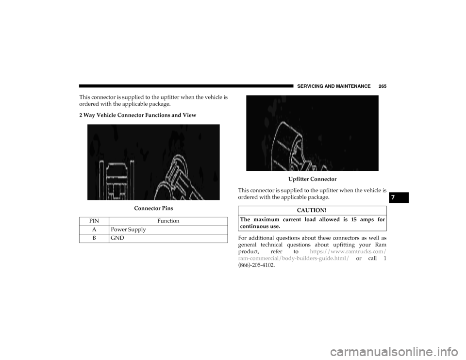 Ram ProMaster City 2020  Owners Manual SERVICING AND MAINTENANCE 265
This connector is supplied to the upfitter when the vehicle is
ordered with the applicable package.
2 Way Vehicle Connector Functions and ViewConnector Pins Upfitter Conn