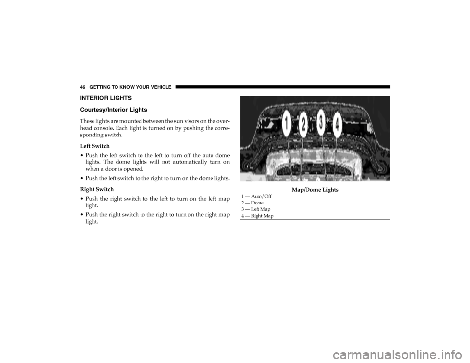 Ram ProMaster City 2020  Owners Manual 46 GETTING TO KNOW YOUR VEHICLE
INTERIOR LIGHTS 
Courtesy/Interior Lights
These lights are mounted between the sun visors on the over-
head  console.  Each  light  is  turned  on  by  pushing  the  co