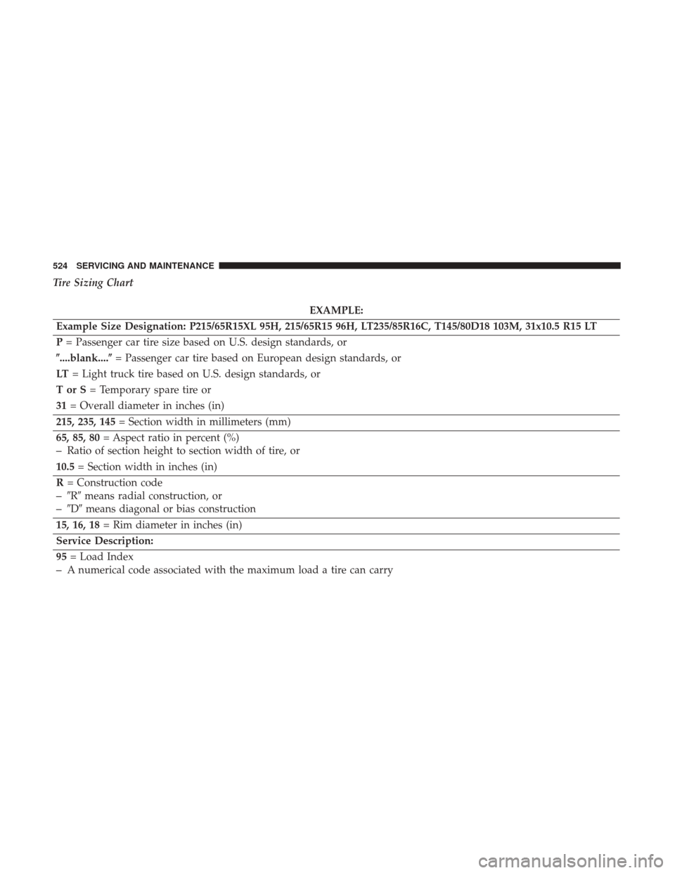 Ram 1500 2019  Owners Manual Tire Sizing Chart
EXAMPLE:
Example Size Designation: P215/65R15XL 95H, 215/65R15 96H, LT235/85R16C, T145/80D18 103M, 31x10.5 R15 LT
P = Passenger car tire size based on U.S. design standards, or
....