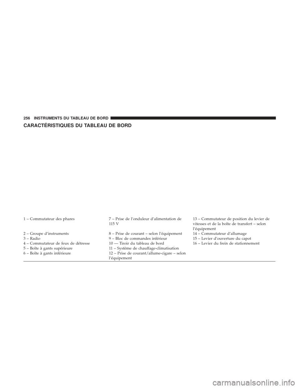 Ram 1500 2017  Manuel du propriétaire (in French)  CARACTÉRISTIQUES DU TABLEAU DE BORD
1 – Commutateur des phares7 – Prise de l’onduleur d’alimentation de
11 5 V 13 – Commutateur de position du levier de
vitesses et de la boîte de transfer