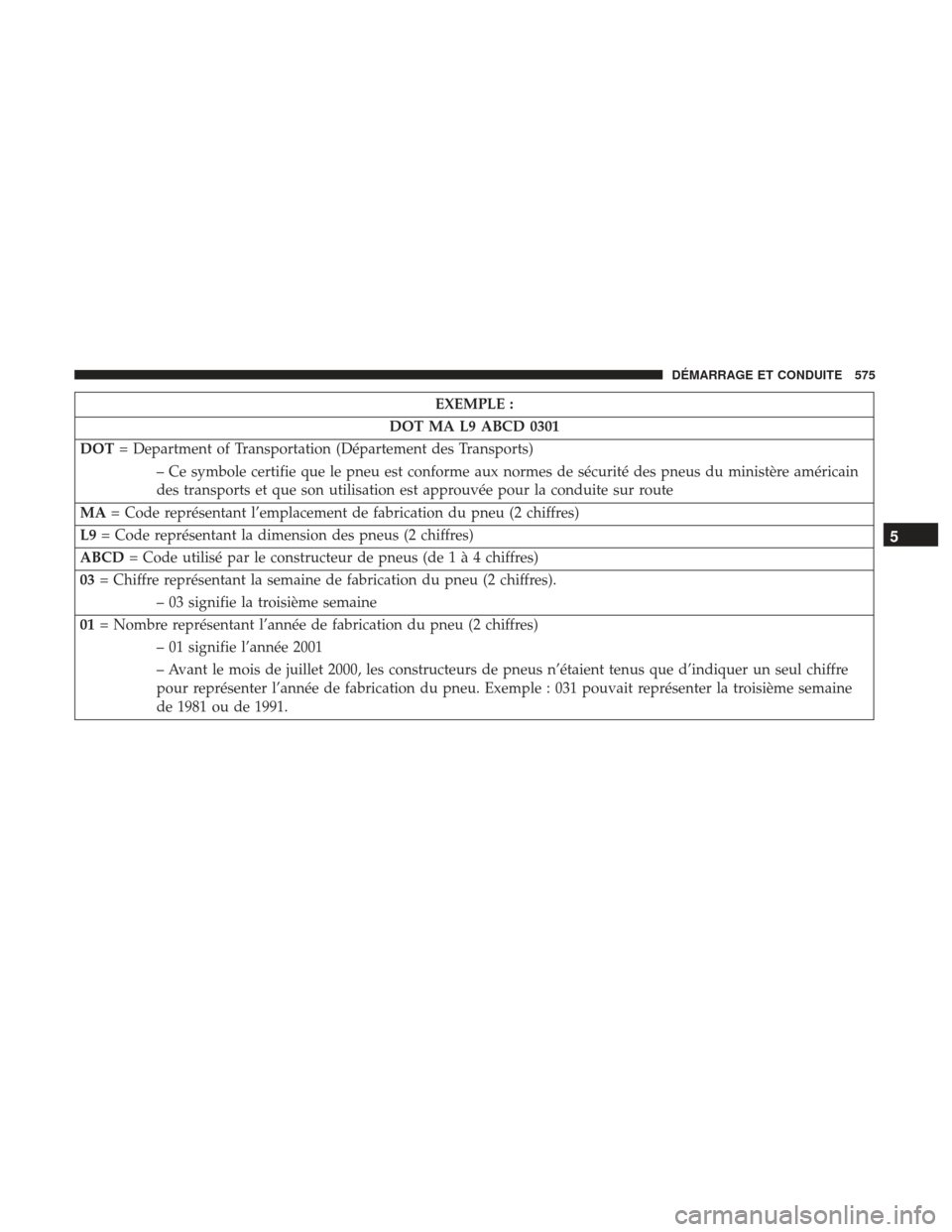 Ram 1500 2017  Manuel du propriétaire (in French)  EXEMPLE :
DOT MA L9 ABCD 0301
DOT = Department of Transportation (Département des Transports)
– Ce symbole certifie que le pneu est conforme aux normes de sécurité des pneus du ministère améric