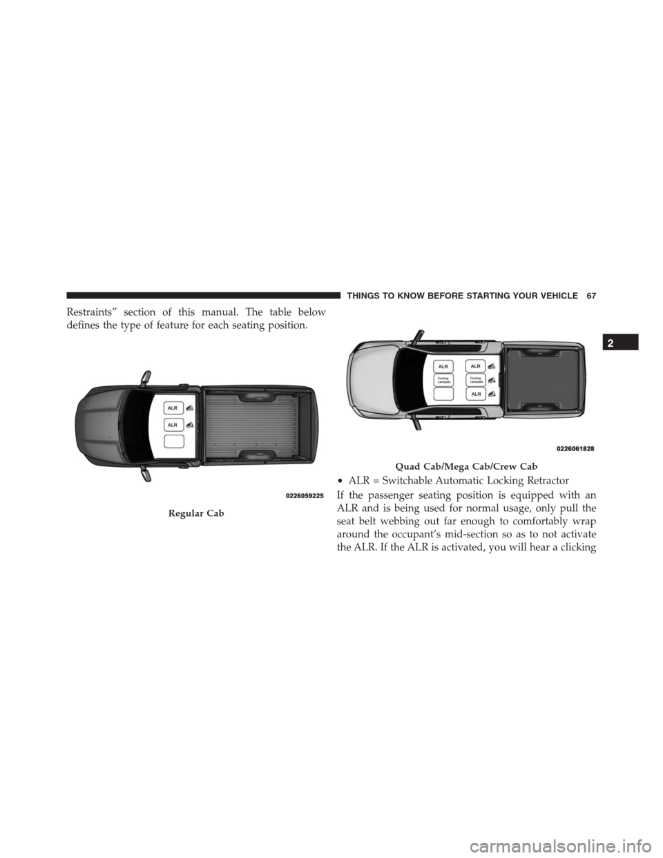 Ram 1500 2016  Owners Manual Restraints” section of this manual. The table below
defines the type of feature for each seating position.
If the passenger seating position is equipped with an
ALR and is being used for normal usag
