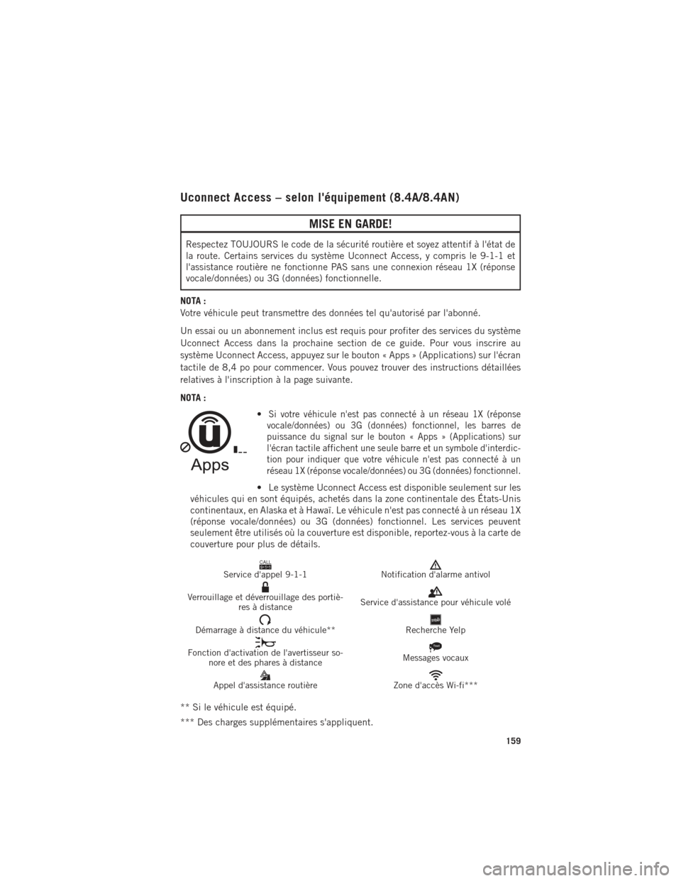 Ram 1500 2016 Guide dutilisateur (in French) Uconnect Access – selon léquipement (8.4A/8.4AN)
MISE EN GARDE!
Respectez TOUJOURS le code de la sécurité routière et soyez attentif à létat de
la route. Certains services du système Uconne Ram 1500 2016 Guide dutilisateur (in French) Uconnect Access – selon léquipement (8.4A/8.4AN)
MISE EN GARDE!
Respectez TOUJOURS le code de la sécurité routière et soyez attentif à létat de
la route. Certains services du système Uconne