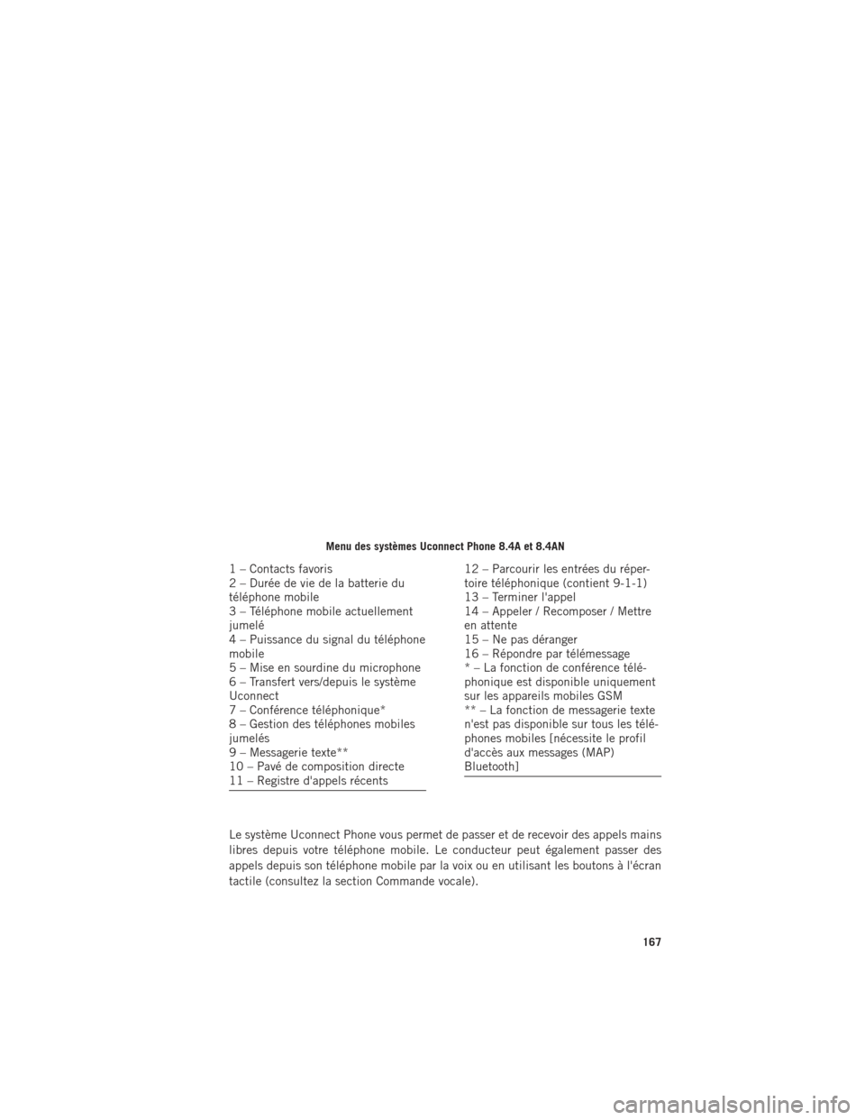 Ram 1500 2016  Guide dutilisateur (in French) Le système Uconnect Phone vous permet de passer et de recevoir des appels mains
libres depuis votre téléphone mobile. Le conducteur peut également passer des
appels depuis son téléphone mobile p