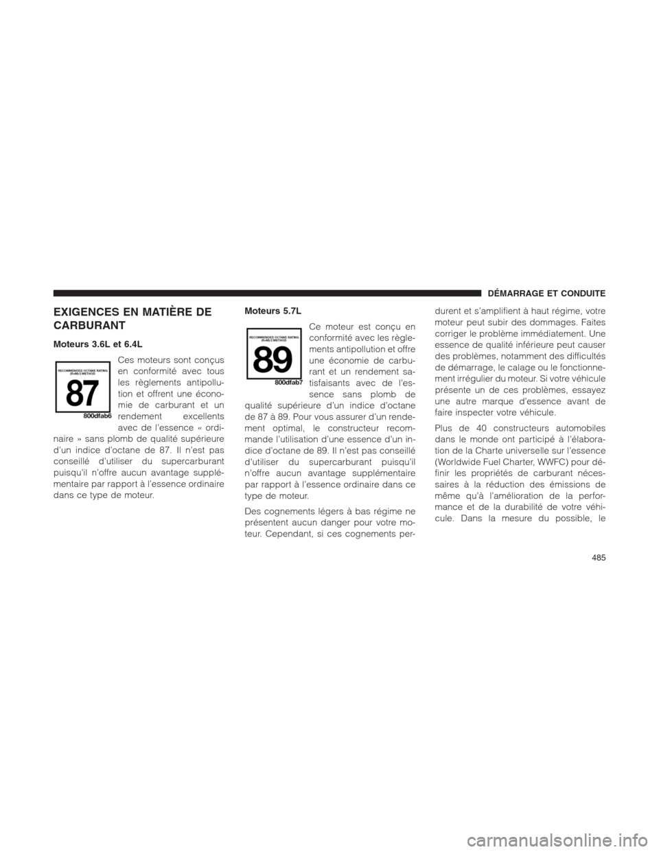 Ram 1500 2014 Manuel du propriétaire (in French) EXIGENCES EN MATIÈRE DE
CARBURANT
Moteurs 3.6L et 6.4L
Ces moteurs sont conçus
en conformité avec tous
les règlements antipollu-
tion et offrent une écono-
mie de carburant et un
rendement excell Ram 1500 2014 Manuel du propriétaire (in French) EXIGENCES EN MATIÈRE DE
CARBURANT
Moteurs 3.6L et 6.4L
Ces moteurs sont conçus
en conformité avec tous
les règlements antipollu-
tion et offrent une écono-
mie de carburant et un
rendement excell