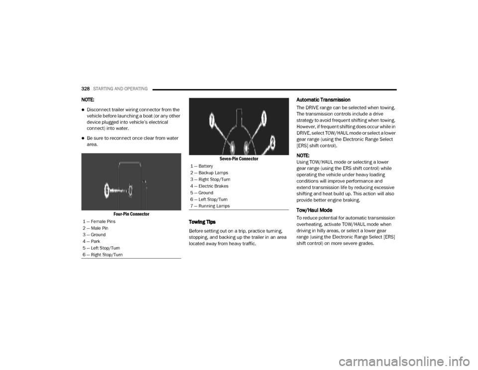 Ram 2500 2020  Owners Manual 
328STARTING AND OPERATING  
NOTE:
Disconnect trailer wiring connector from the 
vehicle before launching a boat (or any other 
device plugged into vehicle’s electrical 
connect) into water.
B