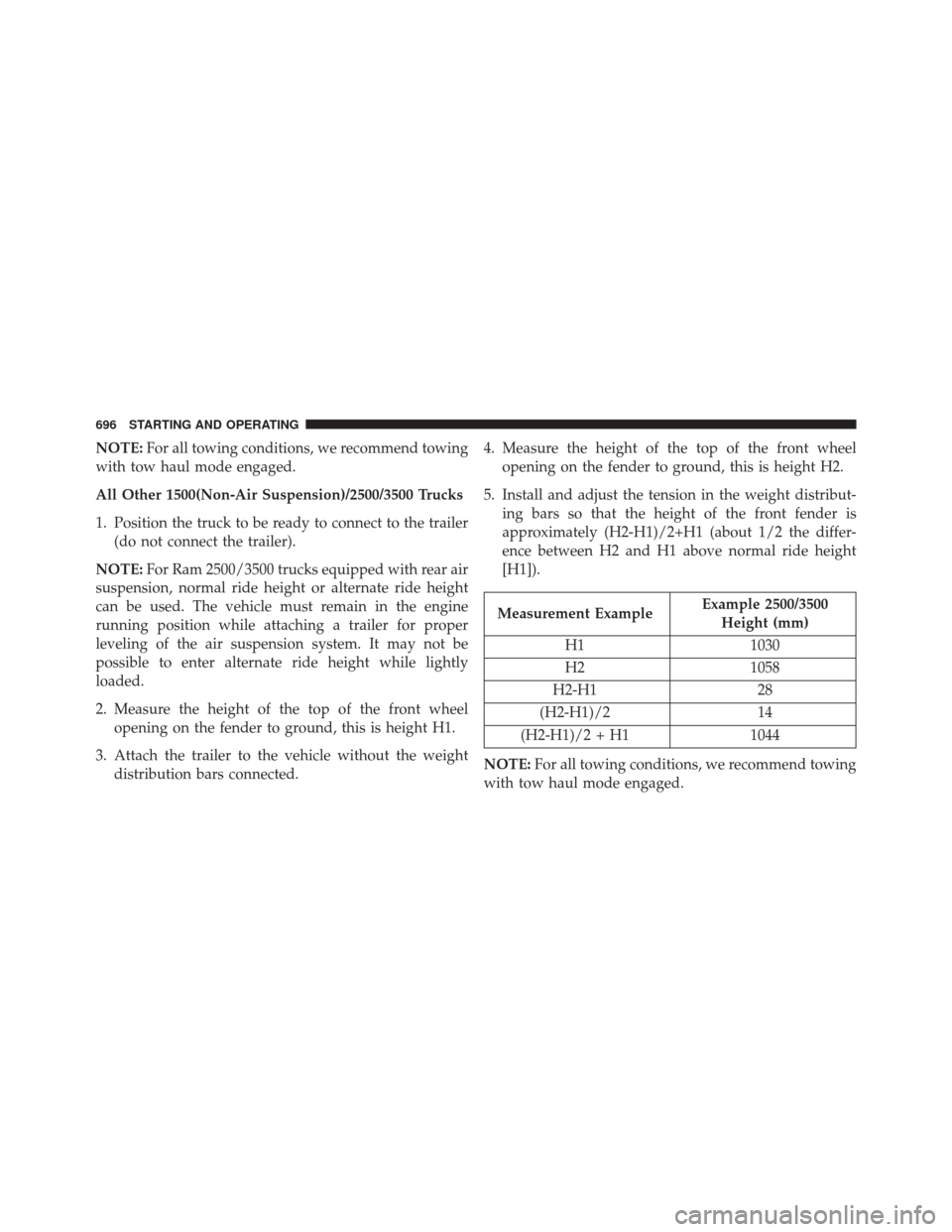 Ram 2500 2016 Owners Manual NOTE:For all towing conditions, we recommend towing
with tow haul mode engaged.
All Other 1500(Non-Air Suspension)/2500/3500 Trucks
1. Position the truck to be ready to connect to the trailer (do not Ram 2500 2016 Owners Manual NOTE:For all towing conditions, we recommend towing
with tow haul mode engaged.
All Other 1500(Non-Air Suspension)/2500/3500 Trucks
1. Position the truck to be ready to connect to the trailer (do not