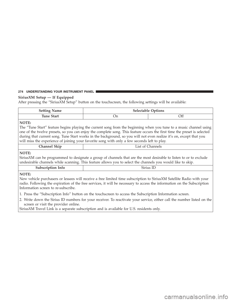 Ram 3500 Chassis Cab 2017 Owners Manual SiriusXM Setup — If Equipped
After pressing the “SiriusXM Setup” button on the touchscreen, the following settings will be available:
Setting NameSelectable Options
Tune Start OnOff
NOTE:
The Ram 3500 Chassis Cab 2017 Owners Manual SiriusXM Setup — If Equipped
After pressing the “SiriusXM Setup” button on the touchscreen, the following settings will be available:
Setting NameSelectable Options
Tune Start OnOff
NOTE:
The