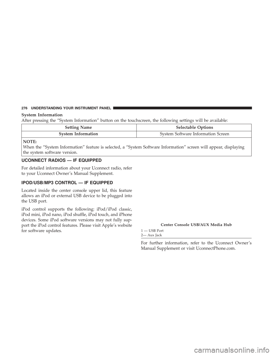 Ram 3500 Chassis Cab 2017 Owners Manual System Information
After pressing the “System Information” button on the touchscreen, the following settings will be available:
Setting NameSelectable Options
System Information System Software In Ram 3500 Chassis Cab 2017 Owners Manual System Information
After pressing the “System Information” button on the touchscreen, the following settings will be available:
Setting NameSelectable Options
System Information System Software In