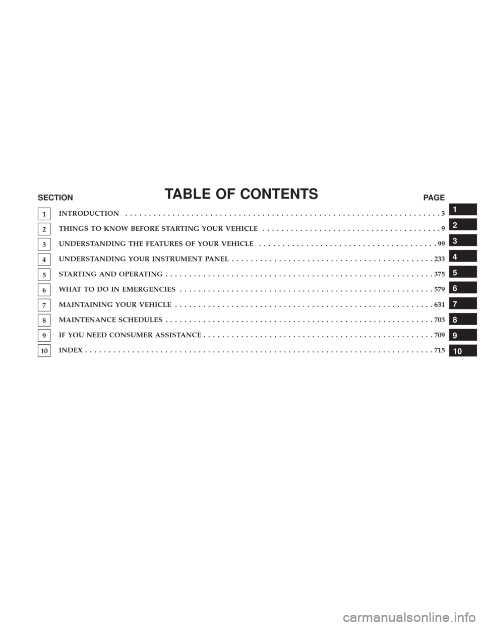 Ram 3500 2017  Owners Manual TABLE OF CONTENTSSECTIONPAGE
1INTRODUCTION
...................................................................3
2THINGS TO KNOW BEFORE STARTING YOUR VEHICLE
......................................9
3UN