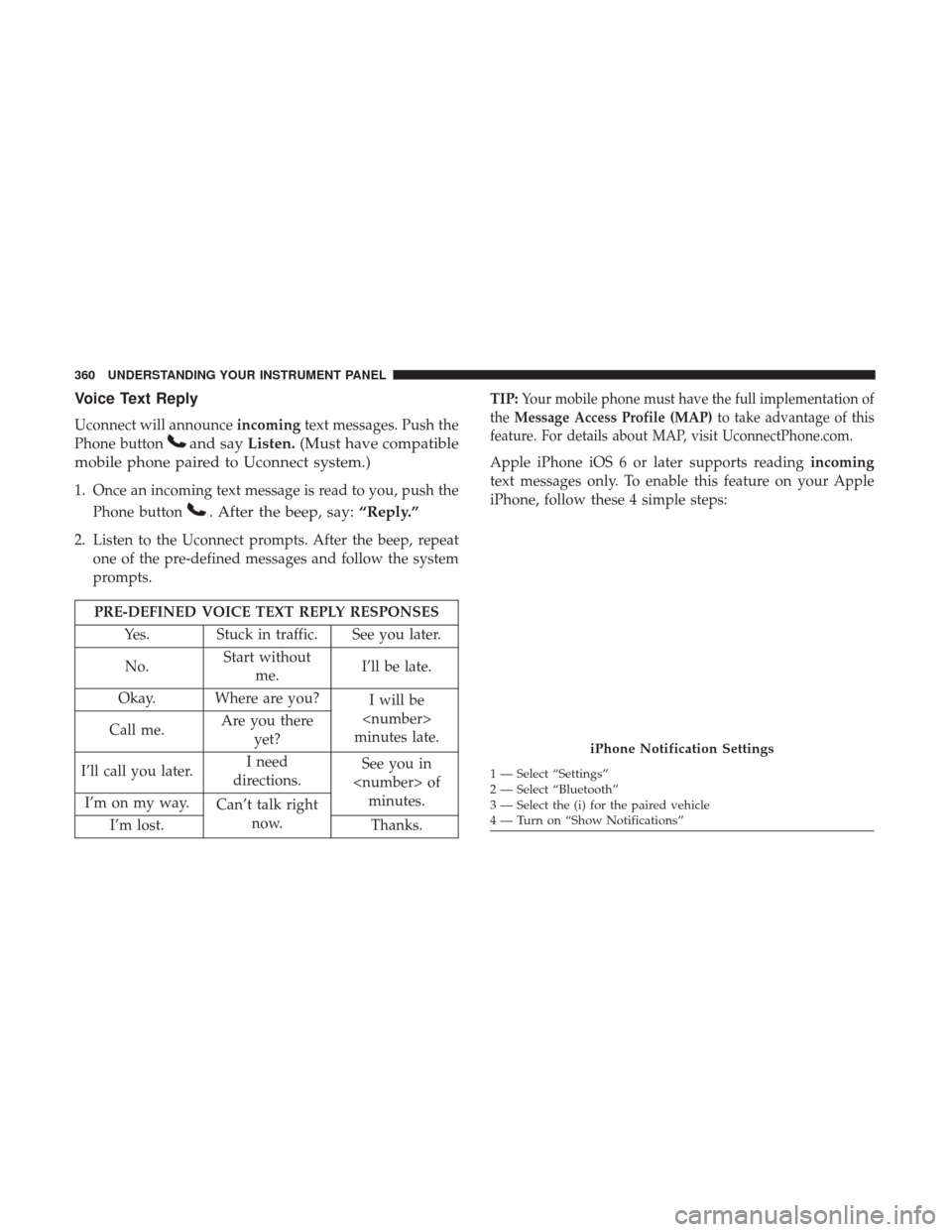 Ram 3500 2017 Owners Manual Voice Text Reply
Uconnect will announceincomingtext messages. Push the
Phone button
and say Listen.(Must have compatible
mobile phone paired to Uconnect system.)
1. Once an incoming text message is re Ram 3500 2017 Owners Manual Voice Text Reply
Uconnect will announceincomingtext messages. Push the
Phone button
and say Listen.(Must have compatible
mobile phone paired to Uconnect system.)
1. Once an incoming text message is re