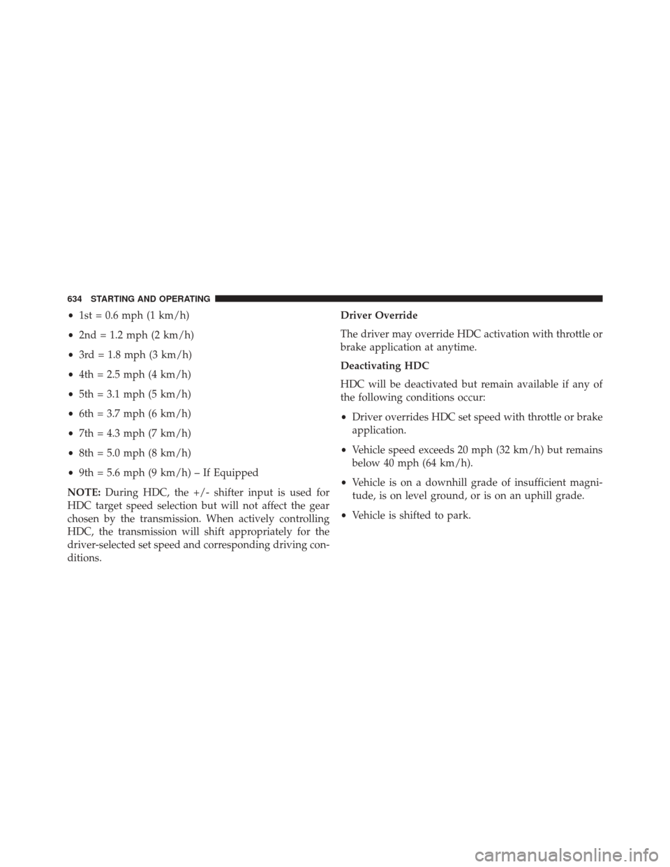Ram 3500 2016 Owners Manual •1st = 0.6 mph (1 km/h)
• 2nd = 1.2 mph (2 km/h)
• 3rd = 1.8 mph (3 km/h)
• 4th = 2.5 mph (4 km/h)
• 5th = 3.1 mph (5 km/h)
• 6th = 3.7 mph (6 km/h)
• 7th = 4.3 mph (7 km/h)
• 8th = 5. Ram 3500 2016 Owners Manual •1st = 0.6 mph (1 km/h)
• 2nd = 1.2 mph (2 km/h)
• 3rd = 1.8 mph (3 km/h)
• 4th = 2.5 mph (4 km/h)
• 5th = 3.1 mph (5 km/h)
• 6th = 3.7 mph (6 km/h)
• 7th = 4.3 mph (7 km/h)
• 8th = 5.
