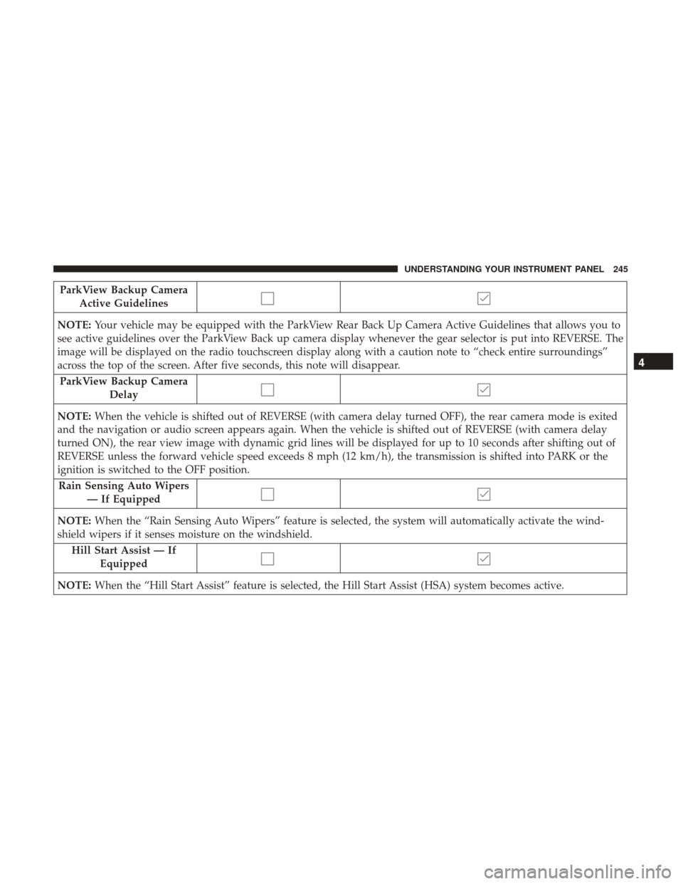 Ram 4500 Chassis Cab 2017 Owners Manual ParkView Backup CameraActive Guidelines
NOTE: Your vehicle may be equipped with the ParkView Rear Back Up Camera Active Guidelines that allows you to
see active guidelines over the ParkView Back up ca Ram 4500 Chassis Cab 2017 Owners Manual ParkView Backup CameraActive Guidelines
NOTE: Your vehicle may be equipped with the ParkView Rear Back Up Camera Active Guidelines that allows you to
see active guidelines over the ParkView Back up ca