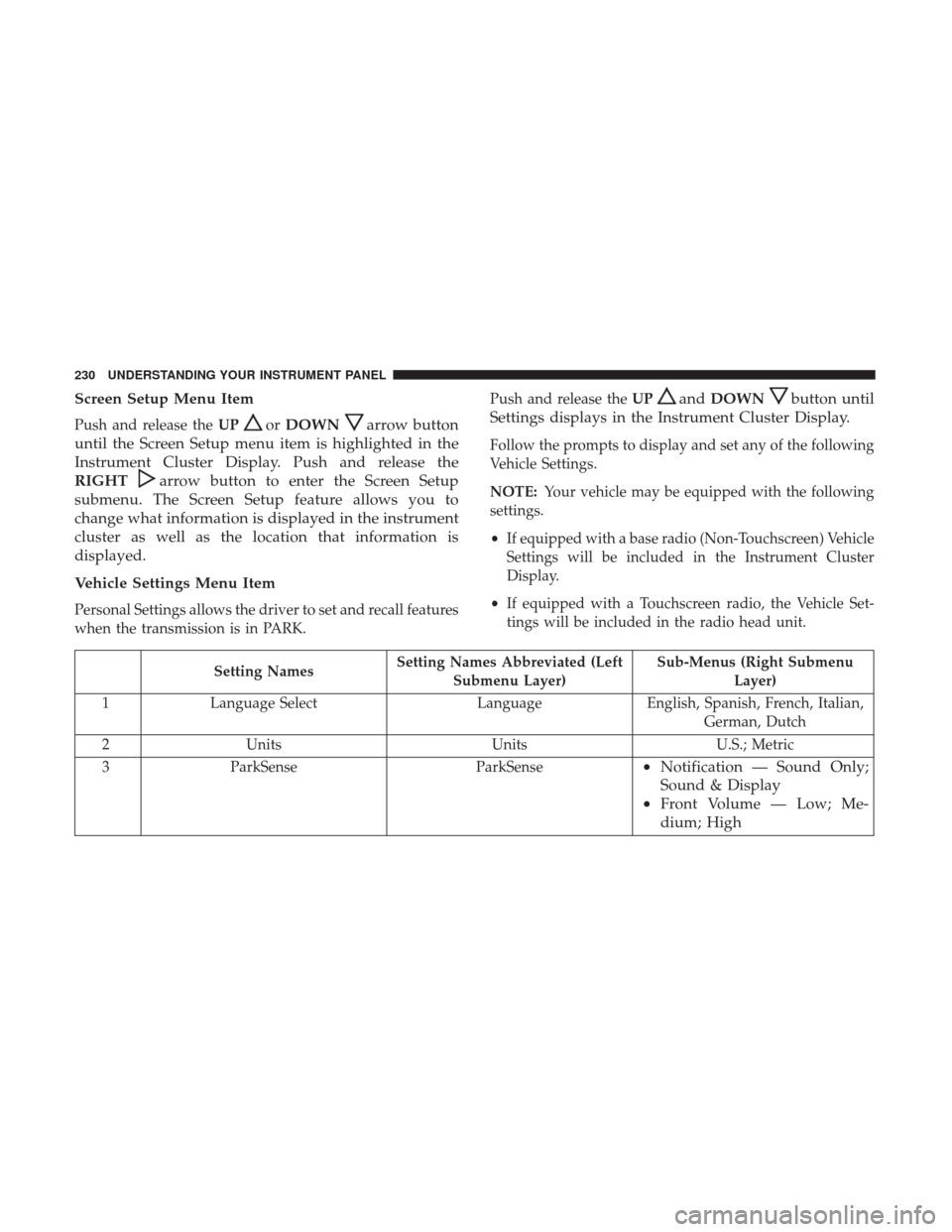 Ram 5500 Chassis Cab 2017 Owners Manual Screen Setup Menu Item
Push and release theUPorDOWNarrow button
until the Screen Setup menu item is highlighted in the
Instrument Cluster Display. Push and release the
RIGHT
arrow button to enter the Ram 5500 Chassis Cab 2017 Owners Manual Screen Setup Menu Item
Push and release theUPorDOWNarrow button
until the Screen Setup menu item is highlighted in the
Instrument Cluster Display. Push and release the
RIGHT
arrow button to enter the