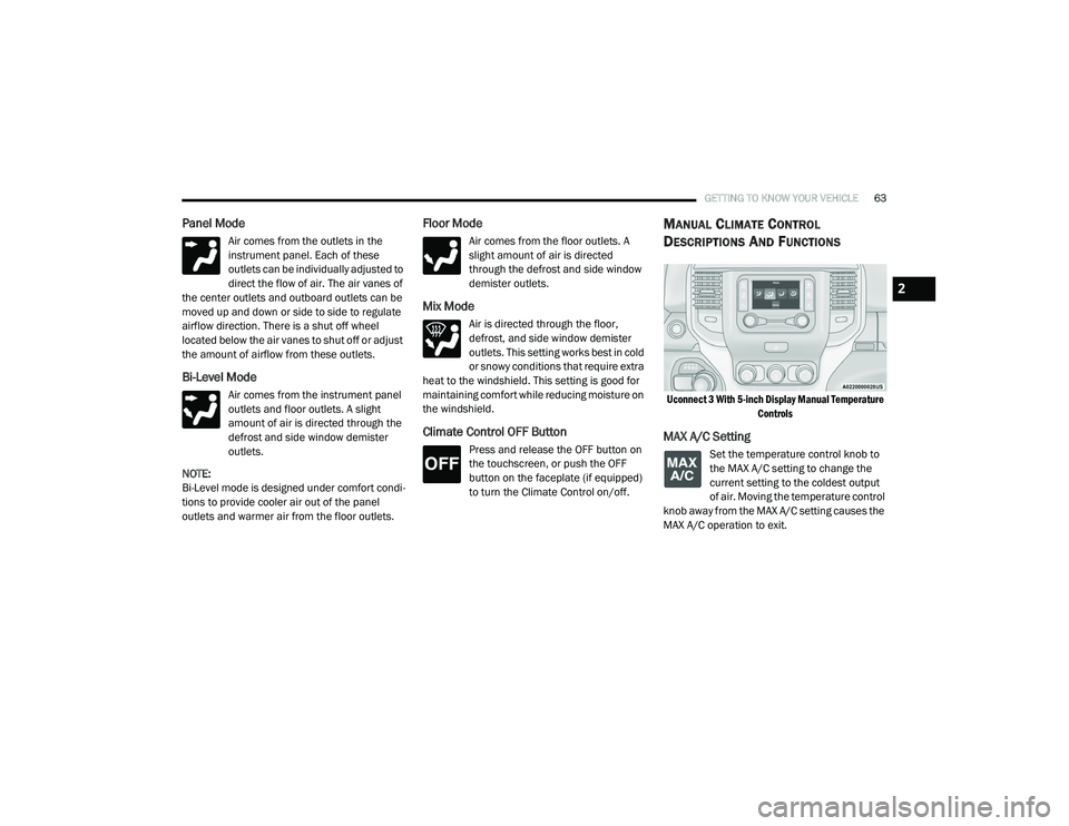 RAM 1500 2021  Owners Manual 
GETTING TO KNOW YOUR VEHICLE63
Panel Mode
Air comes from the outlets in the 
instrument panel. Each of these 
outlets can be individually adjusted to 
direct the flow of air. The air vanes of 
the ce
