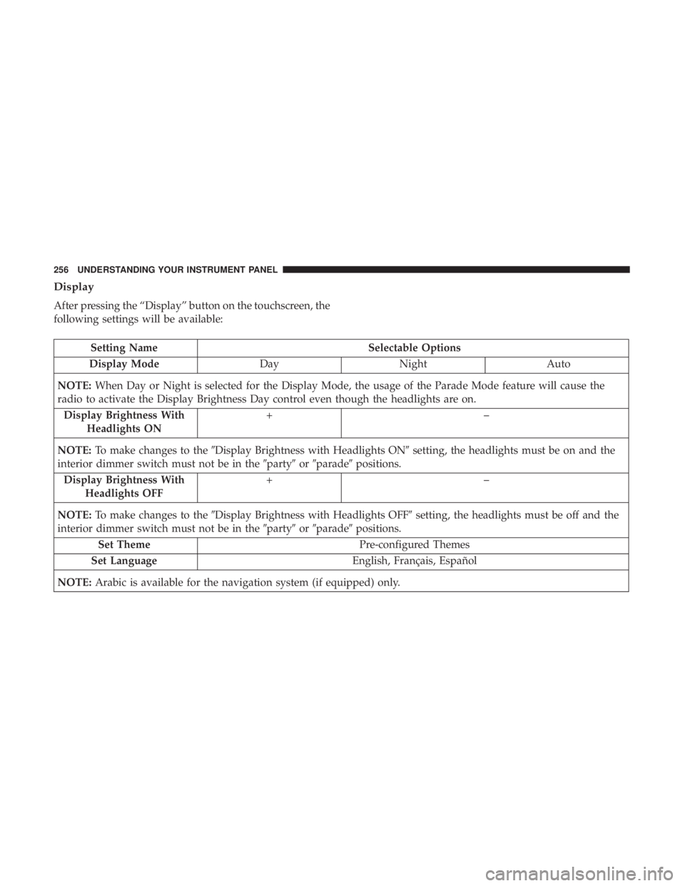 RAM CHASSIS CAB 2017 Owners Manual Display
After pressing the “Display” button on the touchscreen, the
following settings will be available:
Setting Name Selectable Options
Display Mode Day Night Auto
NOTE: When Day or Night is sel RAM CHASSIS CAB 2017 Owners Manual Display
After pressing the “Display” button on the touchscreen, the
following settings will be available:
Setting Name Selectable Options
Display Mode Day Night Auto
NOTE: When Day or Night is sel