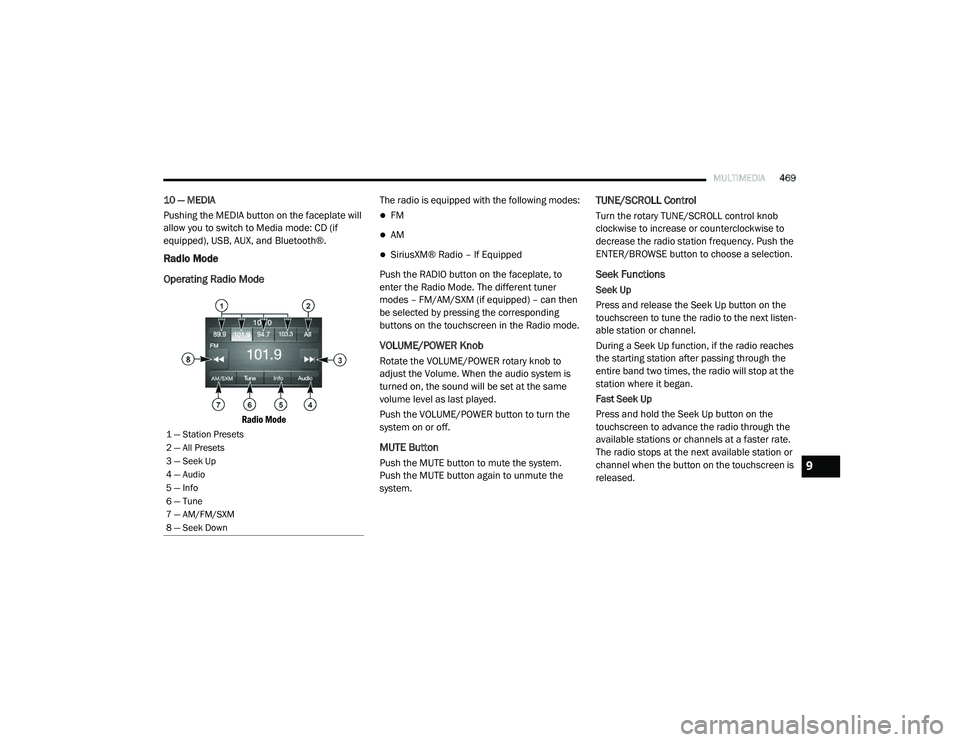 RAM CHASSIS CAB 2020  Owners Manual 
MULTIMEDIA469
10 — MEDIA
Pushing the MEDIA button on the faceplate will 
allow you to switch to Media mode: CD (if 
equipped), USB, AUX, and Bluetooth®.
Radio Mode
Operating Radio Mode

Radio Mode