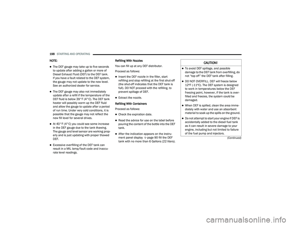 RAM CHASSIS CAB 2021  Owners Manual 
198STARTING AND OPERATING  
(Continued)
NOTE:
The DEF gauge may take up to five seconds 
to update after adding a gallon or more of 
Diesel Exhaust Fluid (DEF) to the DEF tank.
If you have a fault
