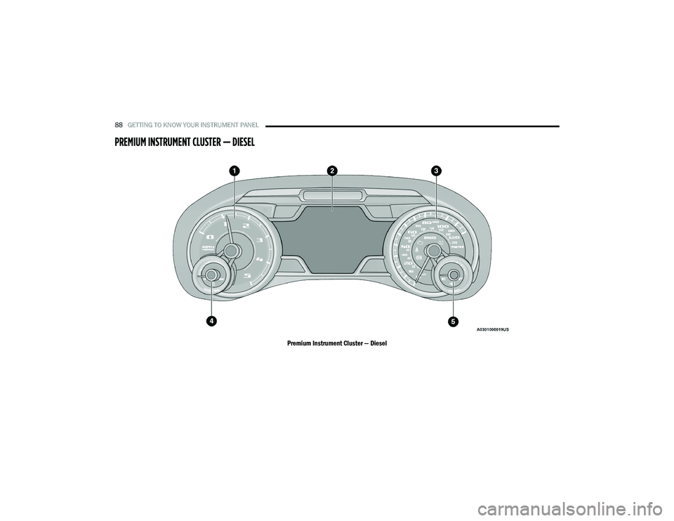RAM CHASSIS CAB 2021  Owners Manual 
88GETTING TO KNOW YOUR INSTRUMENT PANEL  
PREMIUM INSTRUMENT CLUSTER — DIESEL 
Premium Instrument Cluster — Diesel

21_DPF_OM_EN_USC_t.book  Page 88   