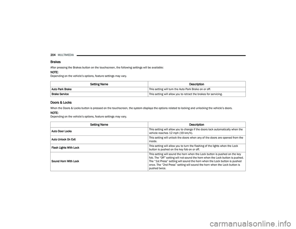 RAM CHASSIS CAB 2022  Owners Manual 
204MULTIMEDIA  
Brakes
Doors & Locks
After pressing the Brakes button on the touchscreen, the following settings will be available:
NOTE:Depending on the vehicle’s options, feature settings may var