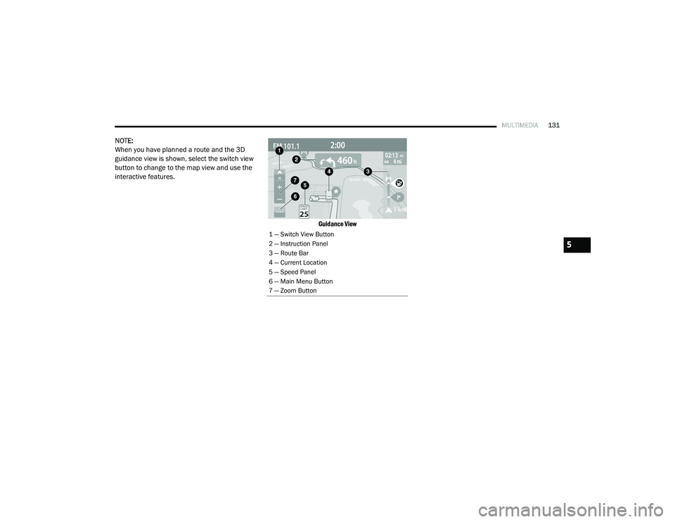 RAM PROMASTER CITY 2021  Owners Manual 
MULTIMEDIA131
NOTE:
When you have planned a route and the 3D 
guidance view is shown, select the switch view 
button to change to the map view and use the 
interactive features.

Guidance View

1 —