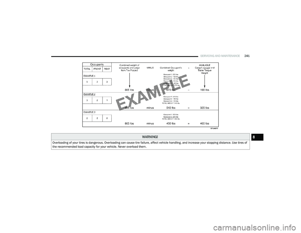RAM PROMASTER CITY 2021  Owners Manual 
SERVICING AND MAINTENANCE241
WARNING!
Overloading of your tires is dangerous. Overloading can cause tire failure, affect vehicle handling, and increase your stopping distance. Use tires of 
the recom