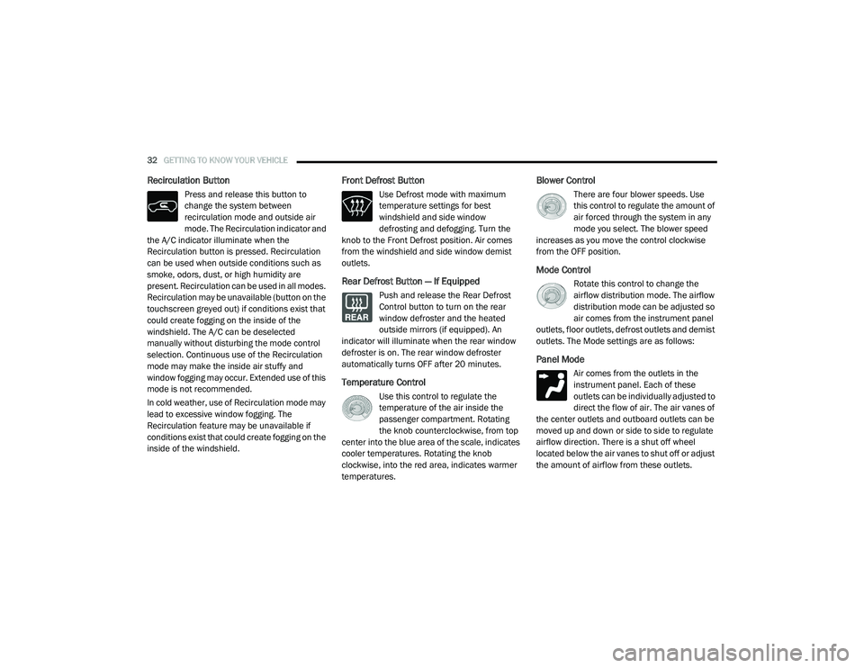 RAM PROMASTER CITY 2021  Owners Manual 
32GETTING TO KNOW YOUR VEHICLE  
Recirculation Button
Press and release this button to 
change the system between 
recirculation mode and outside air 
mode. The Recirculation indicator and 
the A/C i