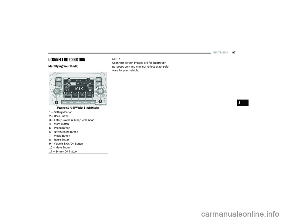 RAM PROMASTER CITY 2021  Owners Manual 
MULTIMEDIA97
UCONNECT INTRODUCTION
Identifying Your Radio

Uconnect 3/3 NAV With 5-inch Display
 NOTE:
Uconnect screen images are for illustration 
purposes only and may not reflect exact soft
-
ware