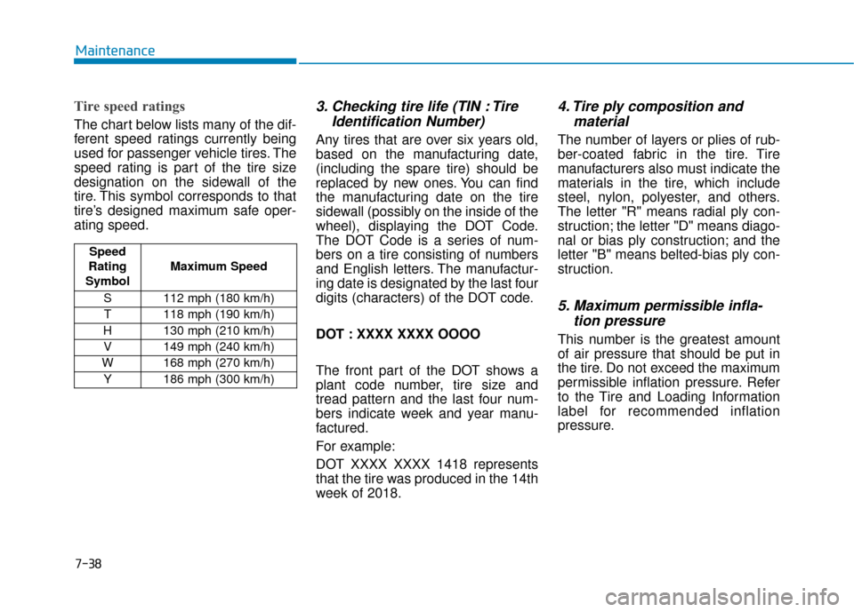 Hyundai Accent 2018  Owners Manual 7-38
Maintenance
Tire speed ratings 
The chart below lists many of the dif-
ferent speed ratings currently being
used for passenger vehicle tires. The
speed rating is part of the tire size
designation