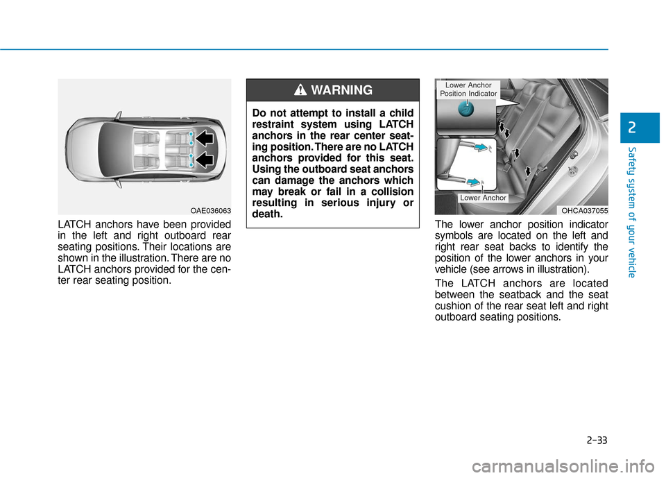 Hyundai Accent 2018  Owners Manual 2-33
Safety system of your vehicle
2
LATCH anchors have been provided
in the left and right outboard rear
seating positions. Their locations are
shown in the illustration. There are no
LATCH anchors p