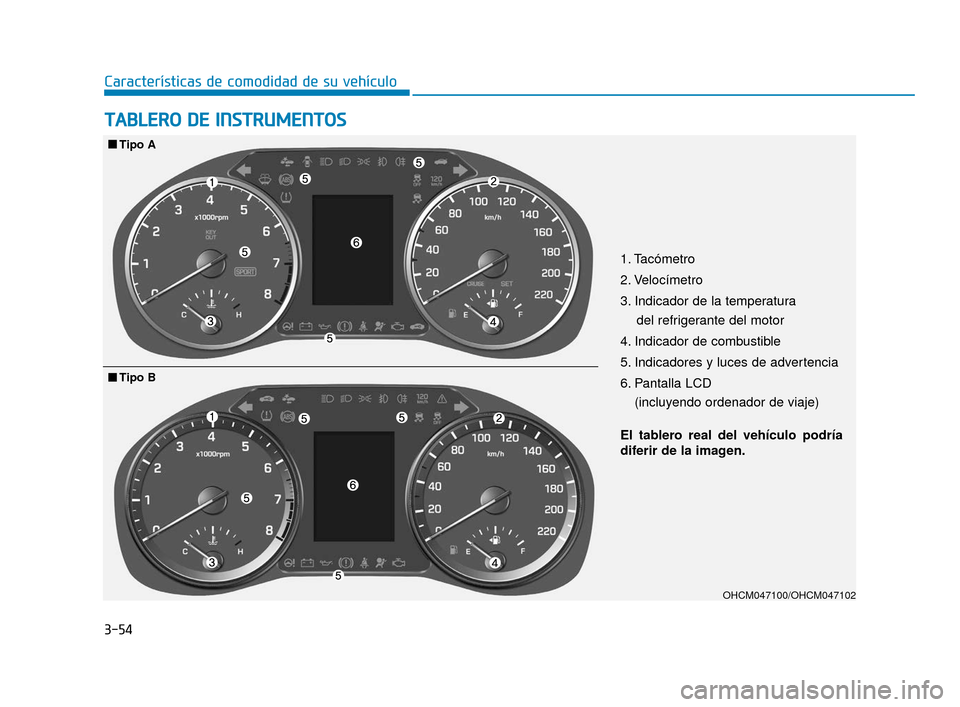 Hyundai Accent 2017  Manual del propietario (in Spanish) 3-54
Características de comodidad de su vehículo
T
TA
A B
BL
LE
E R
R O
O  
 D
D E
E 
 I
IN
N S
ST
T R
R U
U M
M E
EN
N T
TO
O S
S
1. Tacómetro
2. Velocímetro
3. Indicador de la temperatura 
del r