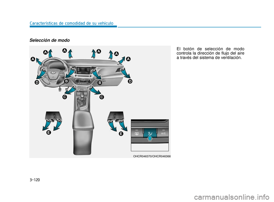 Hyundai Accent 2017  Manual del propietario (in Spanish) 3-120
Características de comodidad de su vehículo
Selección de modo
El botón de selección de modo
controla la dirección de flujo del aire
a través del sistema de ventilación.
OHCR046370/OHCR04