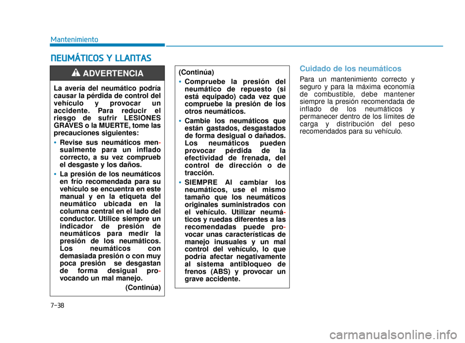 Hyundai Accent 2017 Manual del propietario (in Spanish) 7-38
Mantenimiento
N
NE
EU
U M
M Á
ÁT
TI
IC
C O
O S
S
Y
Y
L
L L
LA
A N
N T
TA
A S
S
Cuidado de los neumáticos
Para un mantenimiento correcto y
seguro y para la máxima economía
de combustible Hyundai Accent 2017 Manual del propietario (in Spanish) 7-38
Mantenimiento
N
NE
EU
U M
M Á
ÁT
TI
IC
C O
O S
S
Y
Y
L
L L
LA
A N
N T
TA
A S
S
Cuidado de los neumáticos
Para un mantenimiento correcto y
seguro y para la máxima economía
de combustible