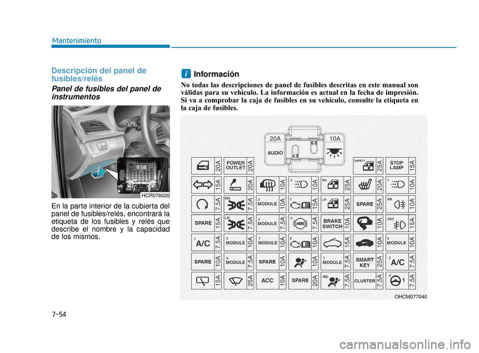 Hyundai Accent 2017  Manual del propietario (in Spanish) 7-54
Mantenimiento
Descripción del panel de
fusibles/relés
Panel de fusibles del panel deinstrumentos      
En la parte interior de la cubierta del
panel de fusibles/relés, encontrará la
etiqueta 