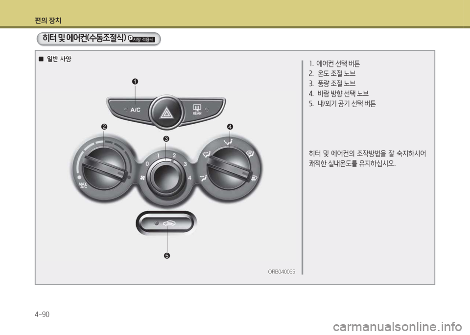 Hyundai Accent 2017  엑센트 RB - 사용 설명서 (in Korean) 편의 장치 4-90
ORB0400작자ORB0400작자
좌.   에어컨  선=e  버튼
속 .  온도  4