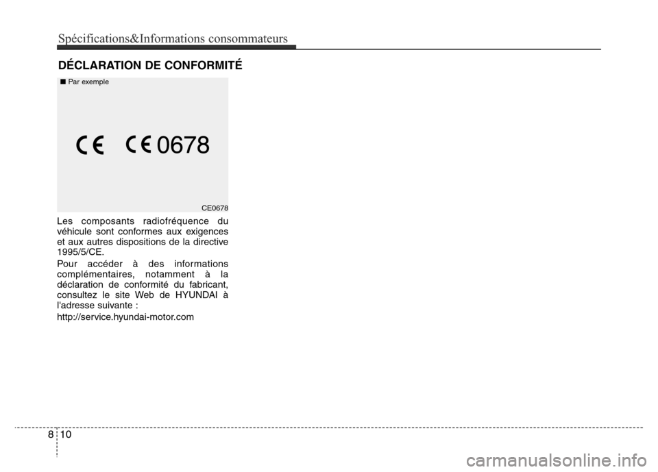 Hyundai Accent 2016  Manuel du propriétaire (in French) Les composants radiofréquence du
véhicule sont conformes aux exigences
et aux autres dispositions de la directive
1995/5/CE.
Pour accéder à des informations
complémentaires, notamment à la
décl
