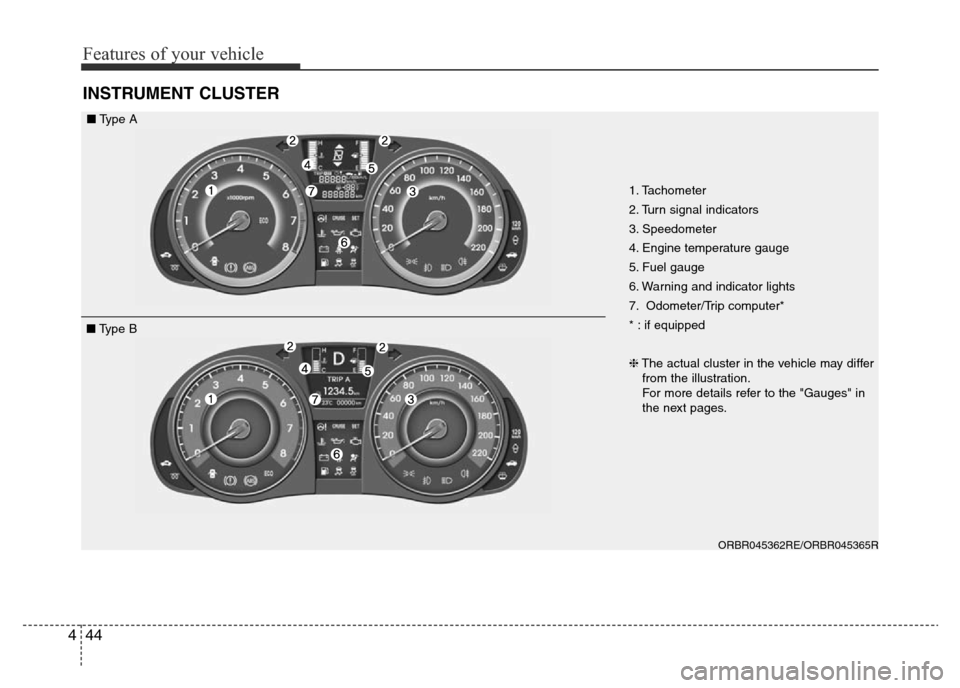 Hyundai Accent 2015  Owners Manual - RHD (UK. Australia) Features of your vehicle
44 4
INSTRUMENT CLUSTER
1. Tachometer 
2. Turn signal indicators
3. Speedometer
4. Engine temperature gauge
5. Fuel gauge
6. Warning and indicator lights
7. Odometer/Trip comp