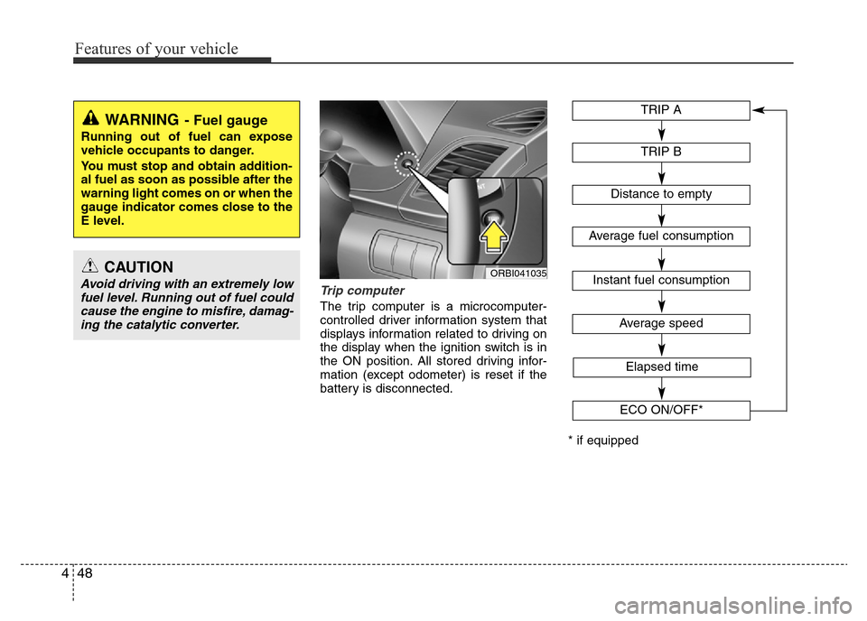 Hyundai Accent 2015  Owners Manual - RHD (UK. Australia) Features of your vehicle
48 4
Trip computer
The trip computer is a microcomputer-
controlled driver information system that
displays information related to driving on
the display when the ignition swi