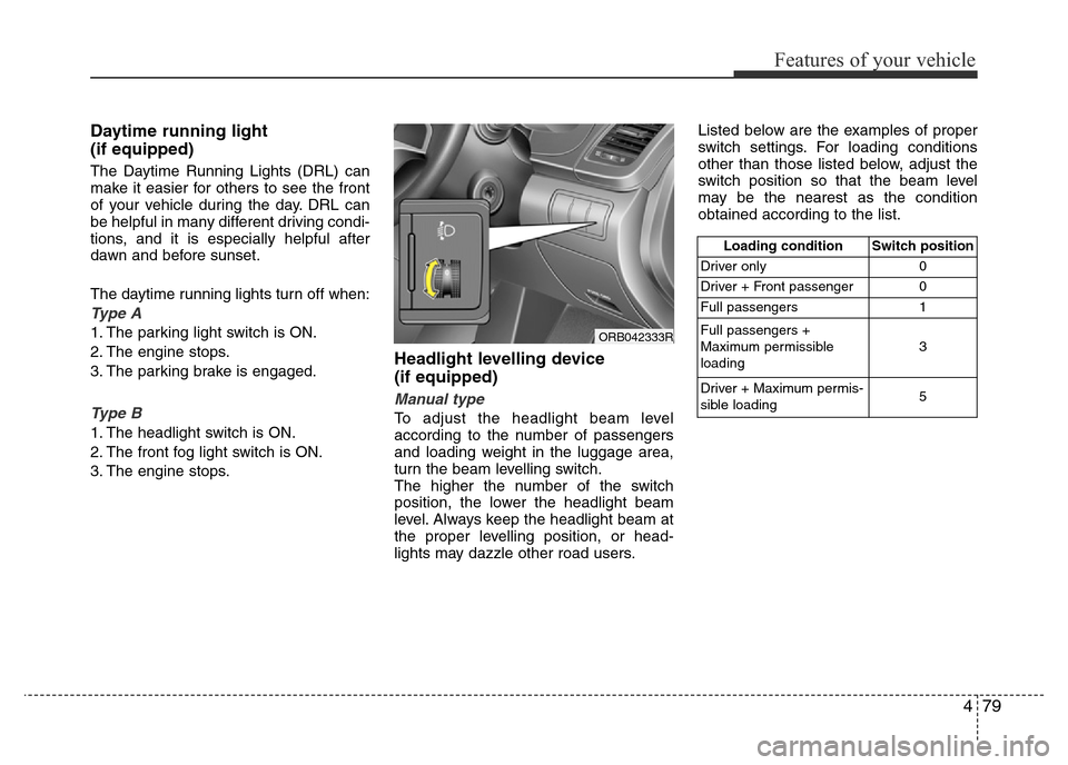 Hyundai Accent 2015 Owners Manual - RHD (UK. Australia) 479
Features of your vehicle
Daytime running light
(if equipped)
The Daytime Running Lights (DRL) can
make it easier for others to see the front
of your vehicle during the day. DRL can
be helpful in Hyundai Accent 2015 Owners Manual - RHD (UK. Australia) 479
Features of your vehicle
Daytime running light
(if equipped)
The Daytime Running Lights (DRL) can
make it easier for others to see the front
of your vehicle during the day. DRL can
be helpful in