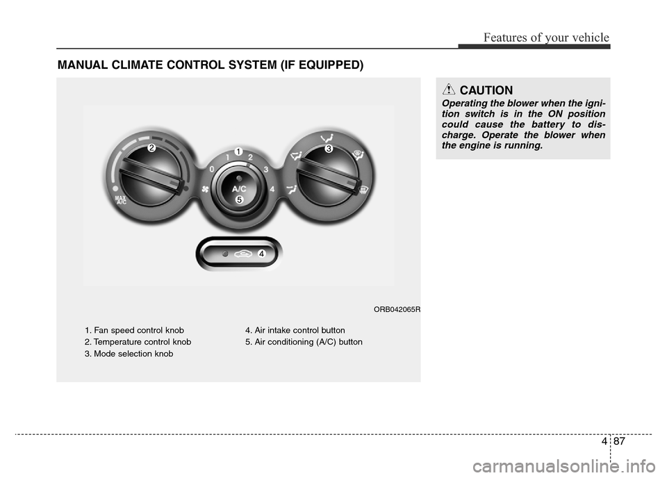 Hyundai Accent 2015  Owners Manual - RHD (UK. Australia) 487
Features of your vehicle
MANUAL CLIMATE CONTROL SYSTEM (IF EQUIPPED)
1. Fan speed control knob
2. Temperature control knob
3. Mode selection knob4. Air intake control button
5. Air conditioning (A