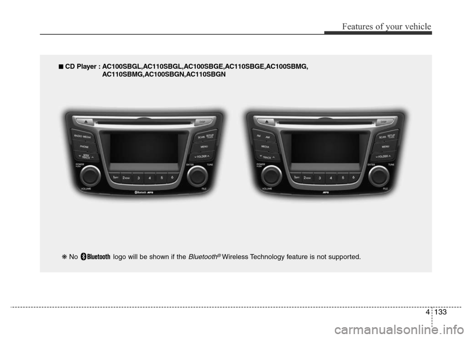 Hyundai Accent 2015  Owners Manual - RHD (UK. Australia) 4133
Features of your vehicle
■ CD Player : AC100SBGL,AC110SBGL,AC100SBGE,AC110SBGE,AC100SBMG,
AC110SBMG,AC100SBGN,AC110SBGN
❋ No  logo will be shown if the 
Bluetooth®Wireless Technology feature