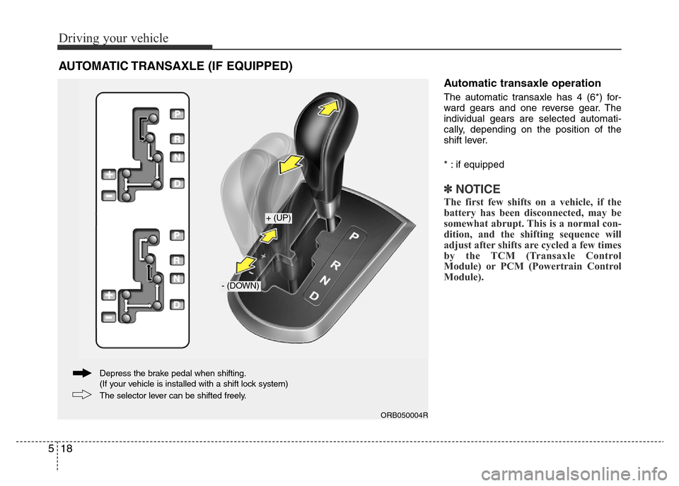 Hyundai Accent 2015  Owners Manual - RHD (UK. Australia) Driving your vehicle
18 5
Automatic transaxle operation
The automatic transaxle has 4 (6*) for-
ward gears and one reverse gear. The
individual gears are selected automati-
cally, depending on the pos