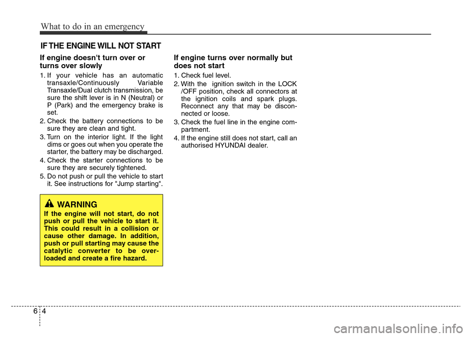 Hyundai Accent 2015  Owners Manual - RHD (UK. Australia) What to do in an emergency
4 6
IF THE ENGINE WILL NOT START
If engine doesnt turn over or
turns over slowly
1. If your vehicle has an automatic
transaxle/Continuously Variable
Transaxle/Dual clutch t