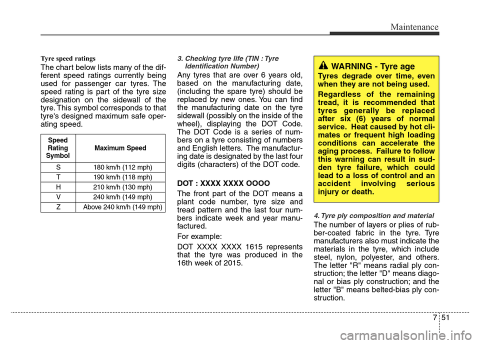 Hyundai Accent 2015  Owners Manual - RHD (UK. Australia) 751
Maintenance
Tyre speed ratings  
The chart below lists many of the dif-
ferent speed ratings currently being
used for passenger car tyres. The
speed rating is part of the tyre size
designation on 