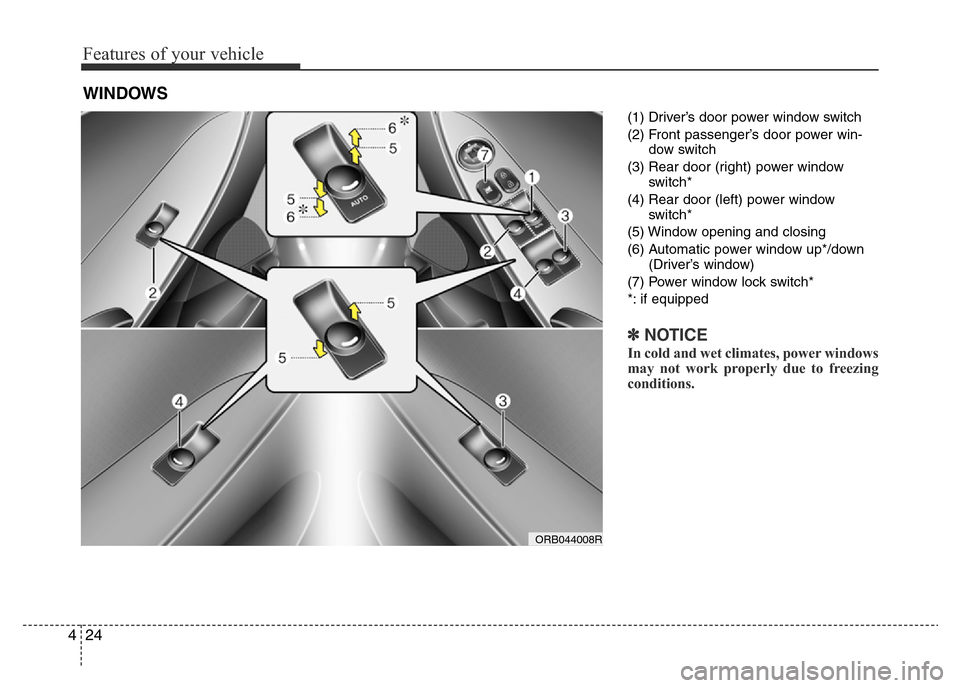 Hyundai Accent 2015  Owners Manual - RHD (UK. Australia) Features of your vehicle
24 4
(1) Driver’s door power window switch
(2) Front passenger’s door power win-
dow switch
(3) Rear door (right) power window
switch*
(4) Rear door (left) power window
sw
