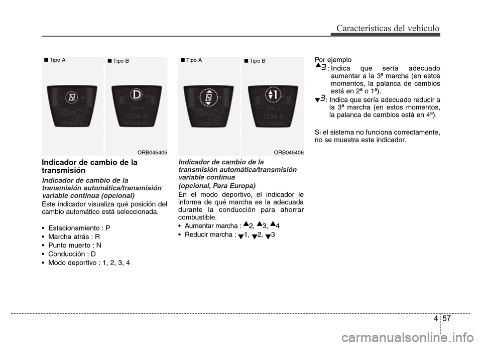 Hyundai Accent 2015  Manual del propietario (i25) (in Spanish) 457
Características del vehículo
Indicador de cambio de la
transmisión
Indicador de cambio de la
transmisión automática/transmisión
variable continua (opcional)
Este indicador visualiza qué pos