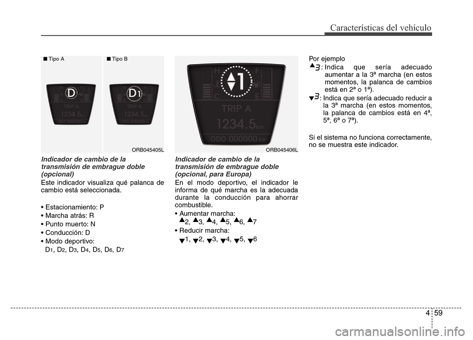 Hyundai Accent 2015  Manual del propietario (i25) (in Spanish) 459
Características del vehículo
Indicador de cambio de la
transmisión de embrague doble 
(opcional)
Este indicador visualiza qué palanca de
cambio está seleccionada.
• Estacionamiento: P
• M