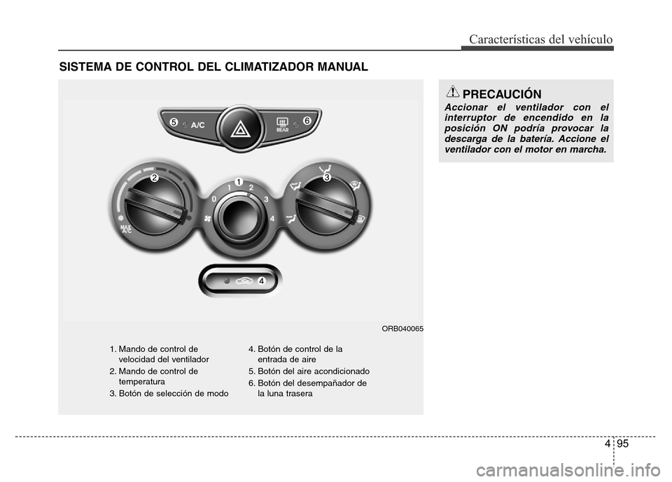 Hyundai Accent 2015  Manual del propietario (i25) (in Spanish) 495
Características del vehículo
SISTEMA DE CONTROL DEL CLIMATIZADOR MANUAL
1. Mando de control de
velocidad del ventilador
2. Mando de control de
temperatura
3. Botón de selección de modo4. Botó