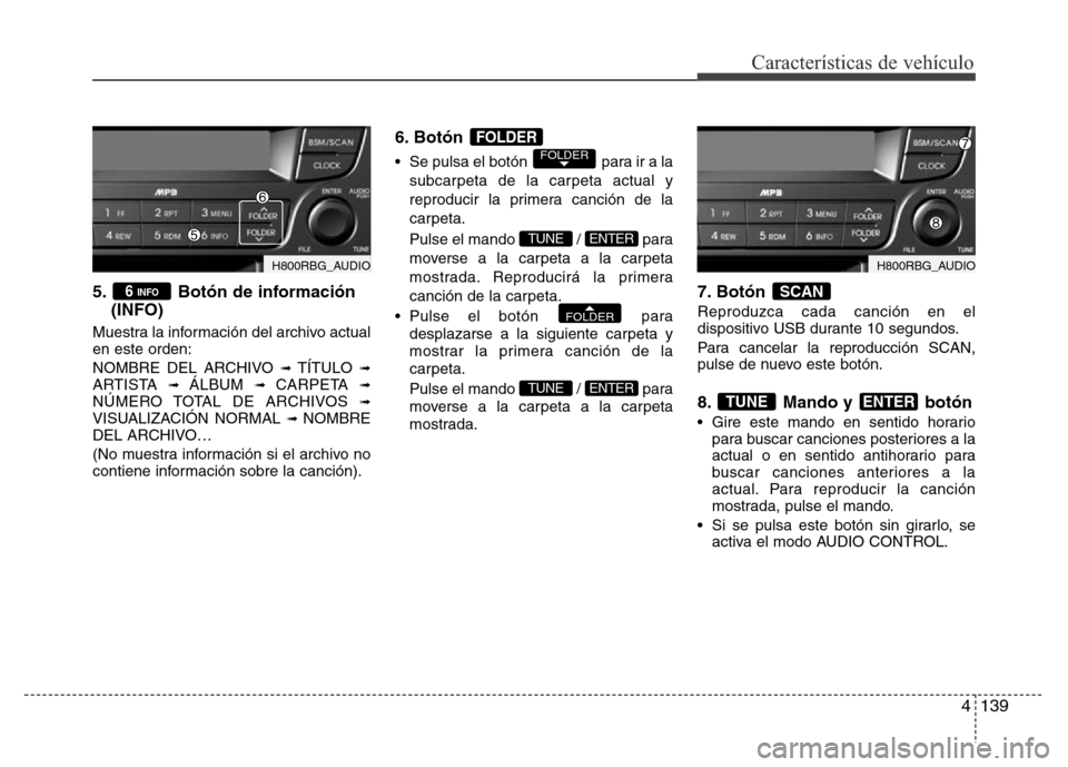 Hyundai Accent 2015 Manual del propietario (i25) (in Spanish) 4139
Características de vehículo
5. Botón de información
(INFO)
Muestra la información del archivo actual
en este orden:
NOMBRE DEL ARCHIVO
➟ TÍTULO ➟ARTISTA ➟ ÁLBUM ➟ CARPETA ➟NÚM Hyundai Accent 2015 Manual del propietario (i25) (in Spanish) 4139
Características de vehículo
5. Botón de información
(INFO)
Muestra la información del archivo actual
en este orden:
NOMBRE DEL ARCHIVO
➟ TÍTULO ➟ARTISTA ➟ ÁLBUM ➟ CARPETA ➟NÚM
